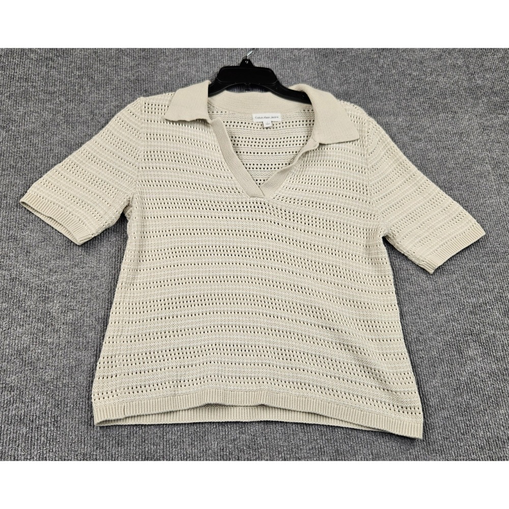 Calvin Klein Jeans Womens Beige Pointelle Knit Polo Shirt V-Neck Sweater Size M